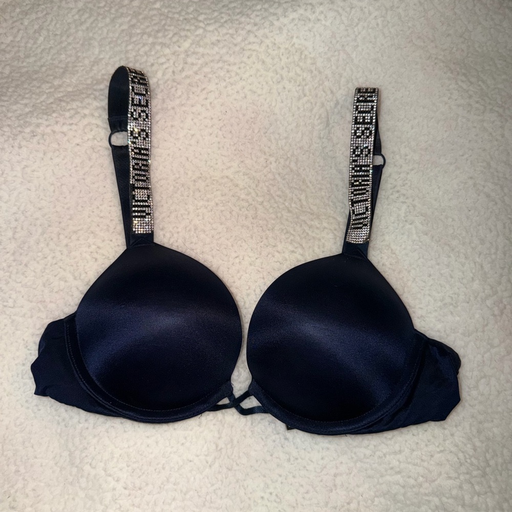 Victoria's Secret Bombshell Navy Push-Up Bra with Rhinestone Logo Straps 34B